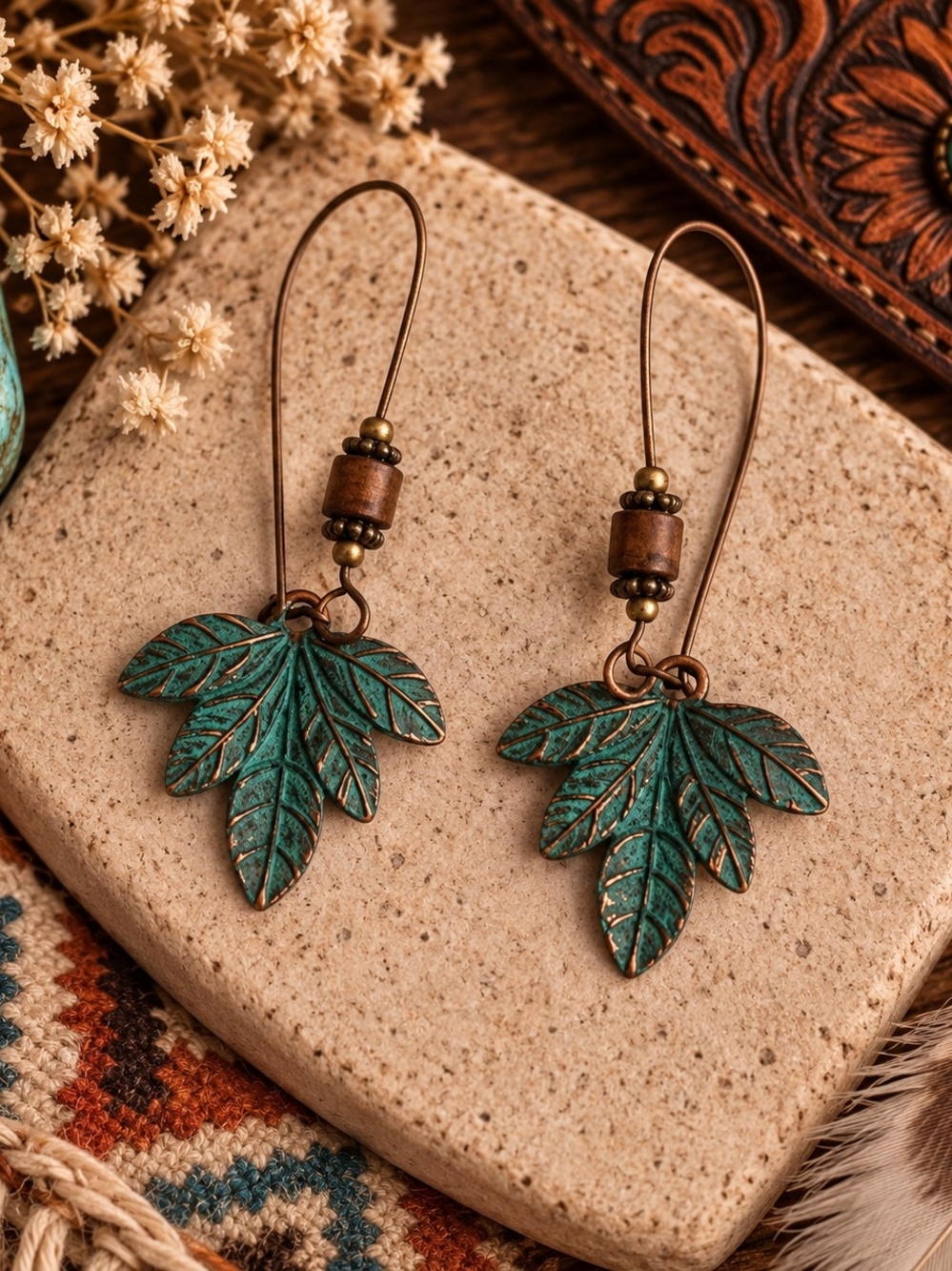 Boho Western Patina Leaf Drop Earrings - Turquoise Green New